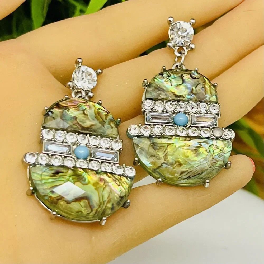 Chunky Runway Art Deco Faux Abalone Turqoise Rhinestone Earrings Silver Y2k 1149